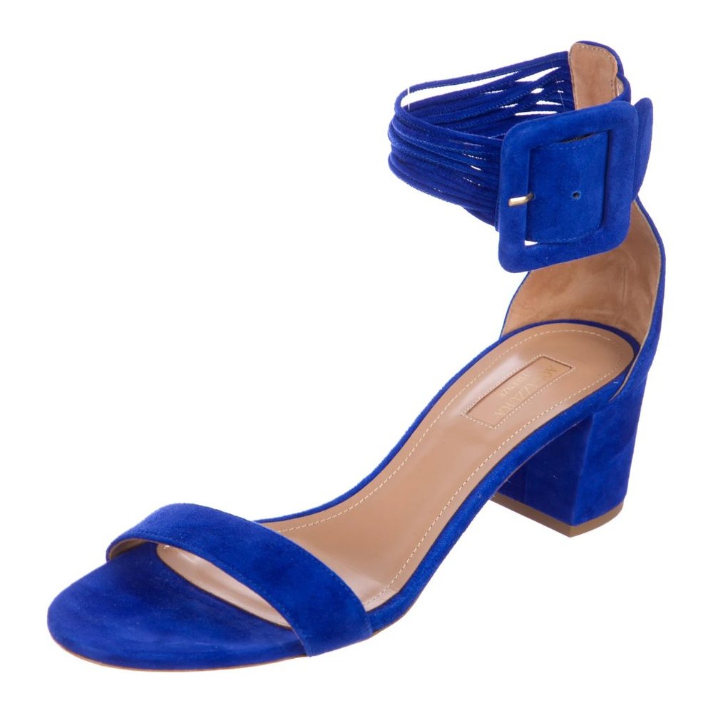 AQUAZZURA Cobalt Blue Suede Ankle Strap Block Heel Sandals 10